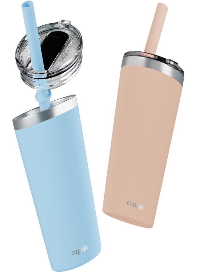 CUPKIN Toddler Tumblers, The Original 12 oz Stackable Stainless Steel Cups, Set of 2 Powder Coated Insulated Kids Water Bottle Alternative & BPA Free Lids + Reusable Silicone Straws (Peach + Teal) - Image 1